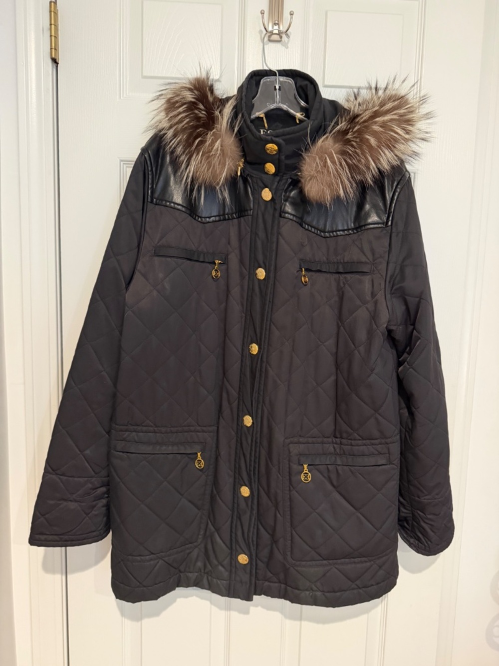 Escada Black Quilted Oversized Winter Coat with Silver Fox Fur